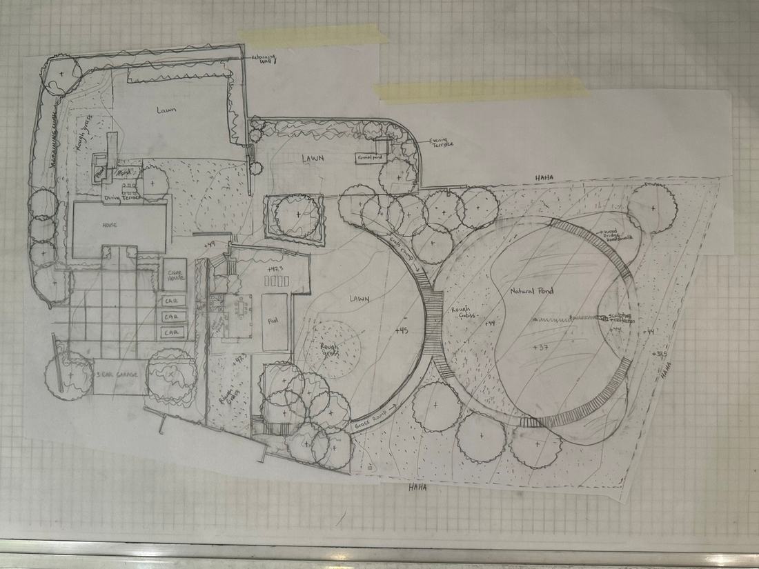 Pencil master plan drafts overlaid on grid paper